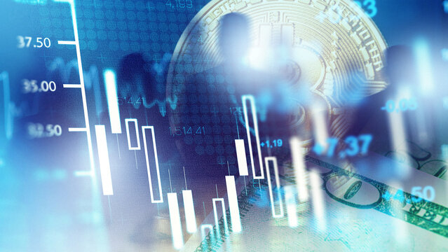Stock market charts with cryptocurrency and dollar bills during trading hours
