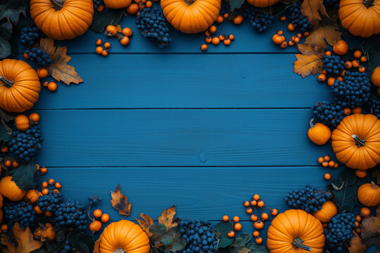 Festive autumn Halloween backdrop featuring ripe pumpkins, fallen maple leaves and party decorations on bright surface