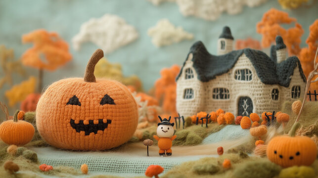 Cute handcrafted woolen pumpkin and felt Halloween figures set, cozy autumn handmade craft decoration concept