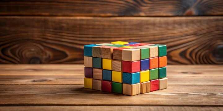 Colorful Wooden Cube Puzzle on Rustic Wooden Table Background