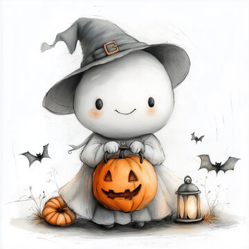 Cute funny cartoon ghost holding a carved Halloween pumpkin and smiling, friendly phantom illustration