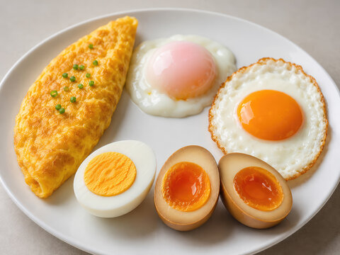 Different Ways to Cook Eggs with Omelette, Fried and Boiled Eggs on Plate