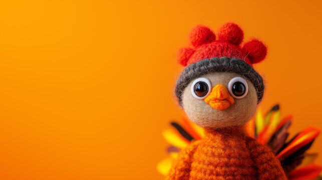 Cute handcrafted felt wool turkey figurine on Thanksgiving background with autumn leaves and copy space for text