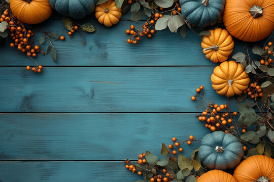 Festive autumn Halloween backdrop featuring ripe pumpkins, fallen maple leaves and party decorations on bright surface