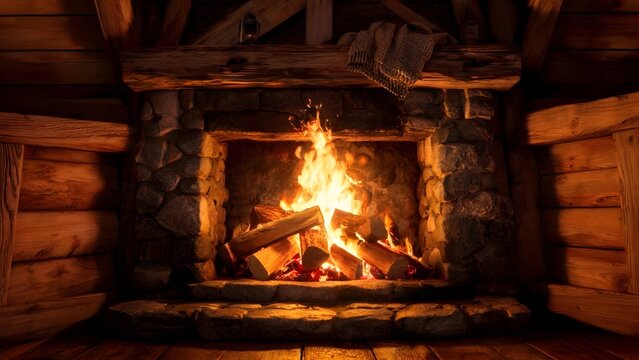 Cozy Cabin Fireplace Burning with Warm Glowing Flames. Rustic Winter Interior, Wood Fire Heating, Hygge Comfort and Relaxing Mountain Lodge Atmosphere