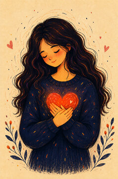 Peaceful Young Woman Holding a Glowing Heart &ndash; Self Love and Emotional Wellbeing Illustration