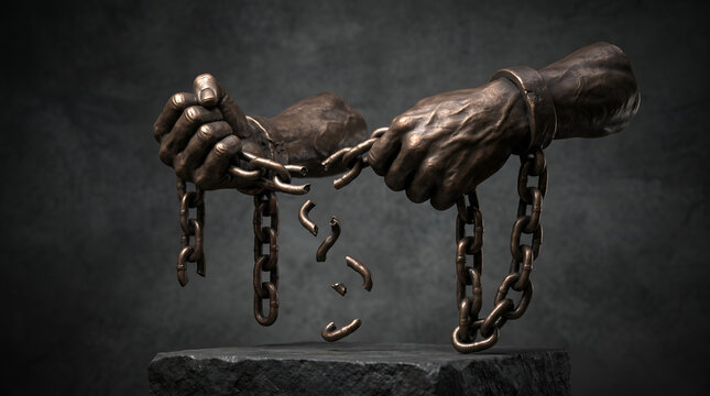 Hands breaking free from metal chains, concept of liberation and overcoming obstacles.