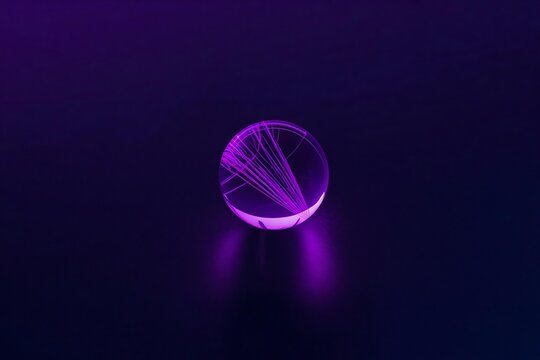 Glowing Purple Glass Sphere with Abstract Light Trails on Dark Background