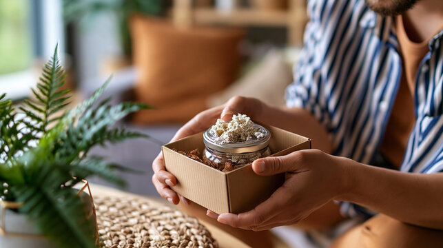 Receiving an online order in a bright living room, a faceless dissatisfied customer examines a damaged product inside an open box, cropped hands and torso, delivery problem, wrong