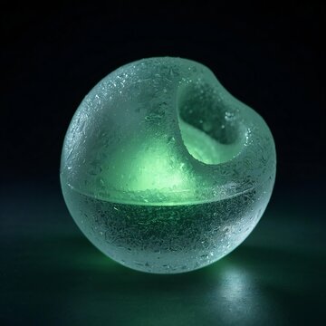 Abstract Glowing Green Glass Sculpture with Frosted Texture on Dark Background