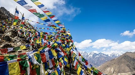 Colorful buddhist prayer flags fluttering in the himalayas mountains © Bersalin