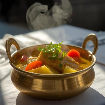Traditional Chicken Curry with Potatoes and Tomatoes in Brass Bowl