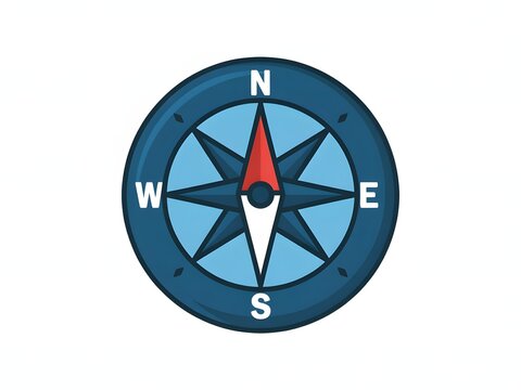 A stylized compass with a red arrow pointing north on a blue circular background