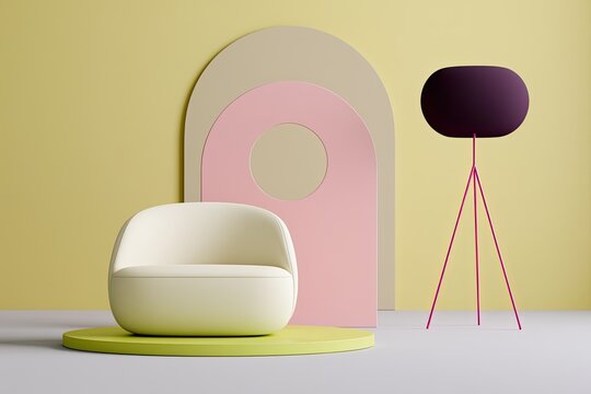 Soft modern interior scene with rounded furniture, geometric arch backdrop, and tripod lamp