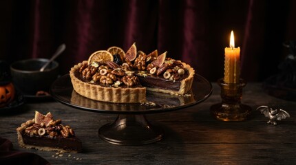 Naklejka premium Golden decorative tray with nuts and dried fruits beside a burning candle