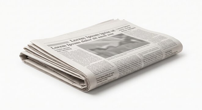 olded daily newspaper with dummy text and blank image spaces isolated on a white background. Global news, press, media, and business information mockup template with copy space.
