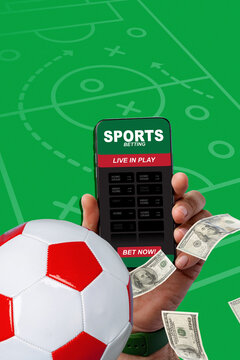 Viewing a sports betting app with cash and a soccer ball on the field