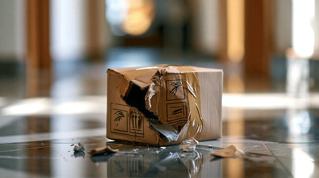 On a bright hallway floor, a damaged cardboard package marked with generic fragile symbols displays crushed edges and loose tape, home delivery problem, parcel claim, shipping damage,