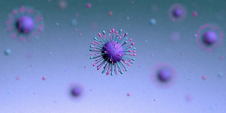 Microscopic view of purple and pink spiky viral particles in a blue-hued environment