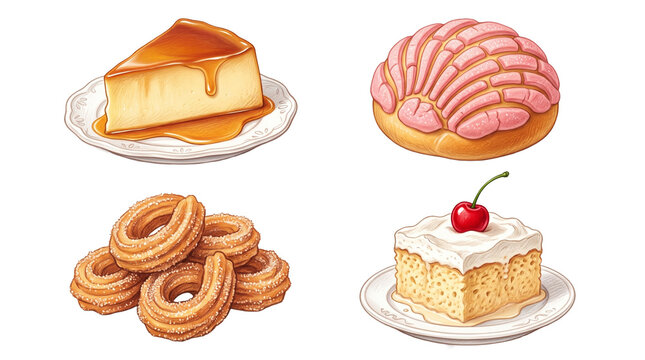 Mexican desserts set with flan caramel, concha bread, churros, and tres leches cake illustration