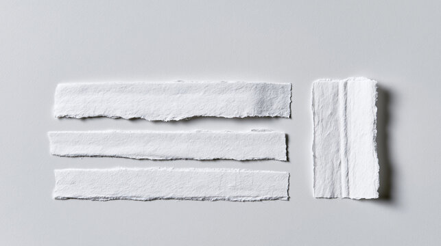Lined up on a bright light-gray background, torn white adhesive tape strips vary in length and texture, packaging supply, ripped tape, parcel sealing, stationery set, isolated material,