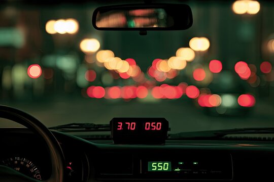 Night drive through city lights, taxi meter showing fare