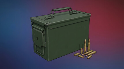 Naklejka premium Sturdy green metal ammunition storage box accompanied by several spent bullet casings, illustrating military preparedness