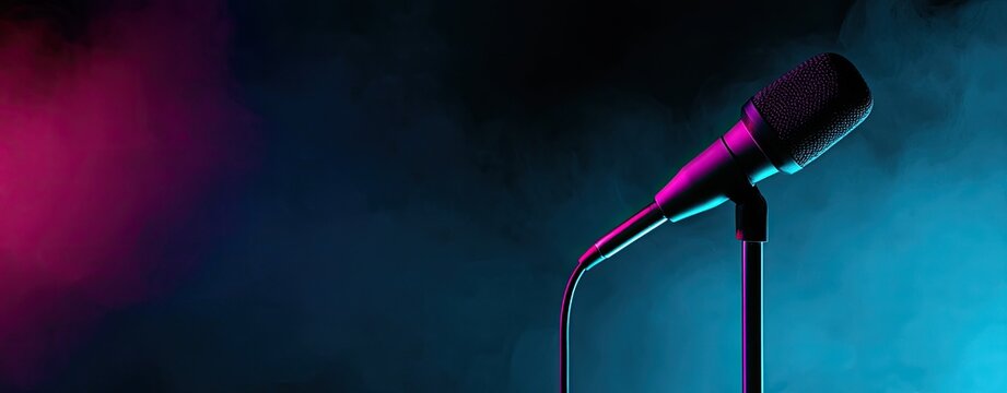 Spotlight on a microphone bathed in vibrant pink and blue atmospheric lighting