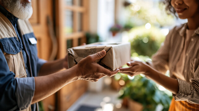 Near a bright residential entrance, a cropped woman accepts a crushed package from a faceless delivery worker, visible dented corners, parcel handover, damaged shipment, courier service,