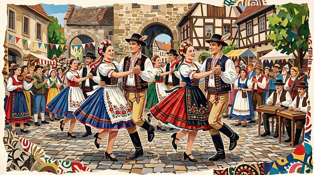 Couples dancing folk dance at a traditional european festival