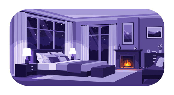 Cozy modern bedroom interior at night featuring warm fireplace large bed with pillows and windows showing starry sky and mountains.