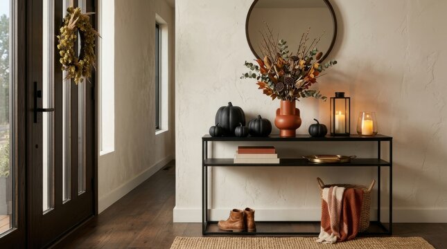 Modern entryway console with decorative vase and hanging plant