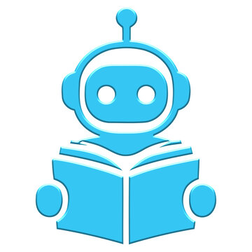 Blue robot reading an open book icon representing artificial intelligence education, machine learning technology, smart digital assistant, cutout 3D symbol on a transparent background PNG illustration