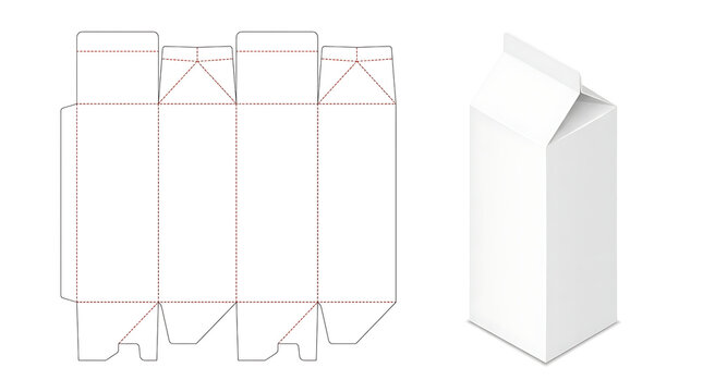 White Milk Carton Packaging Dieline Template and Isometric 3D Mockup Box Design Layout