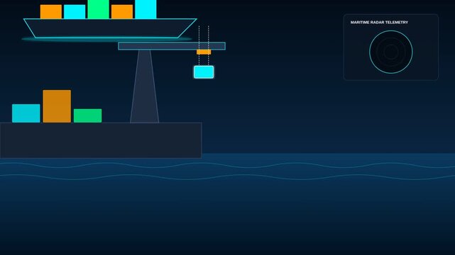 Flat Vector Animation of a Port Crane Loading Cargo Containers onto a Commercial Cargo Ship Vessel