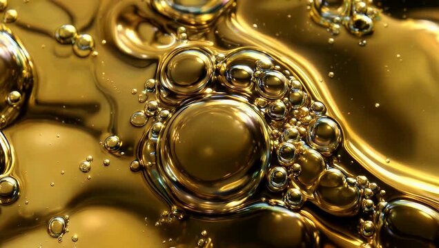 Shimmering golden air bubbles rising gracefully through a viscous liquid showcasing glistening reflective surfaces and hypnotic depth in slow-motion close-up detail