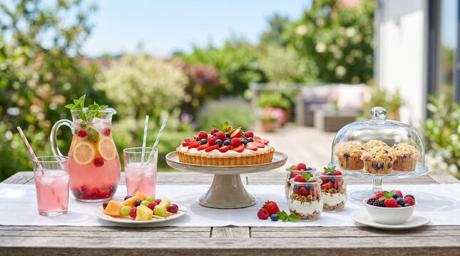 Summer dessert table setup with cakes and drinks in garden  