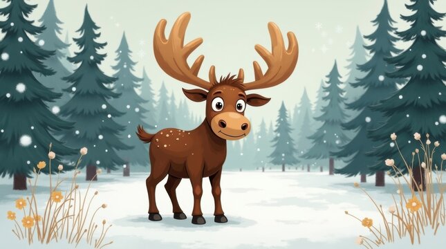 Cr&iacute;a de alce estilo dibujos animados de pie en un bosque de pinos nevado, con astas de gran tama&ntilde;o empezando a crecer