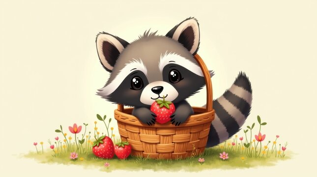 Adorable mapache de dibujos animados sentado dentro de una colorida cesta de p&iacute;cnic, sosteniendo una fresa diminuta