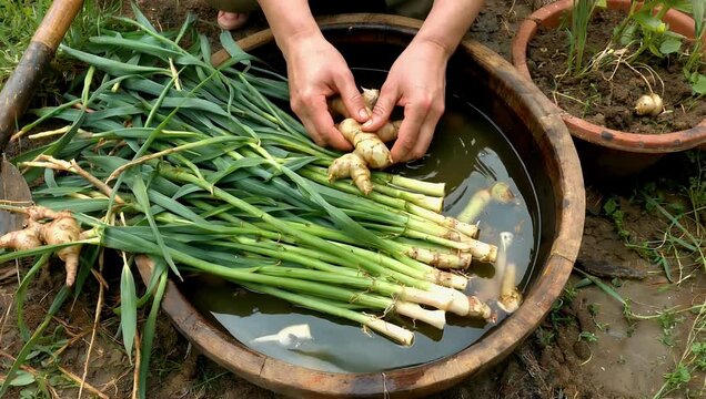 Freshly harvested organic ginger root being meticulously washed under running water while green stems are trimmed showcasing earthy root textures and farm-to-table food preparation