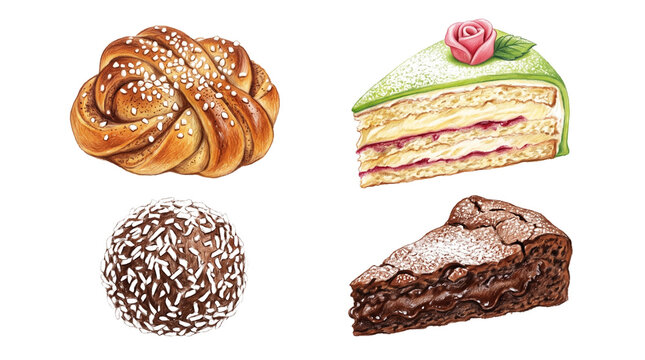 Swedish fika desserts set with kanelbulle, princess cake, chokladboll, and kladdkaka illustration