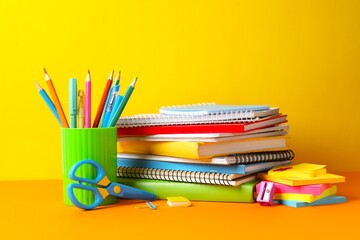 Notebooks and holder with various school stationery on color table near yellow wall © Sunlight