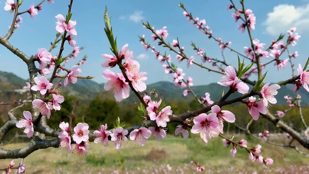 Soft pink peach blossoms opening on orchard branches under warm morning light celebrating seasonal spring beauty renewal and botanical elegance