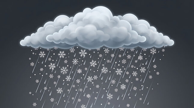 Wintry Mix of Snowflakes and Rain Falling from Dark Storm Cloud Illustration