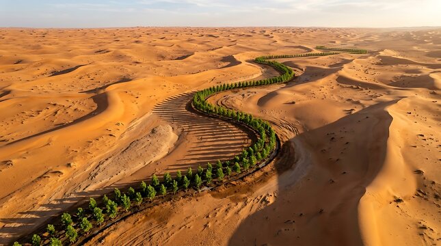 Winding row of green trees planted across vast desert sand dunes