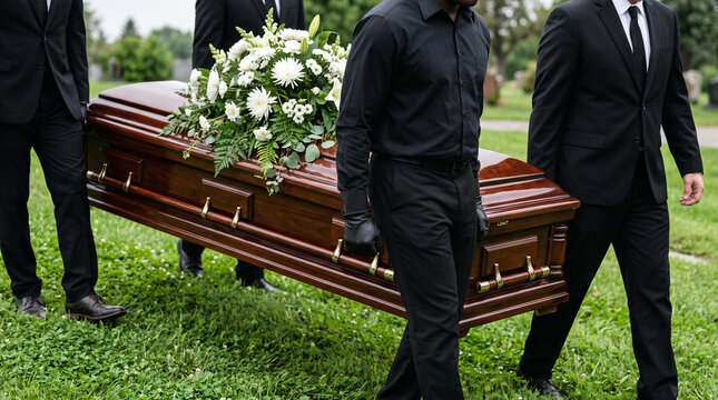 Pallbearers carrying a polished wooden casket with white floral arrangements at a cemetery funeral service