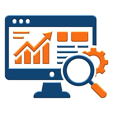 3D SEO optimization and web analytics icon featuring a computer monitor display with a rising growth chart, upward arrow, magnifying glass, and gear settings, isolated on transparent background PNG.