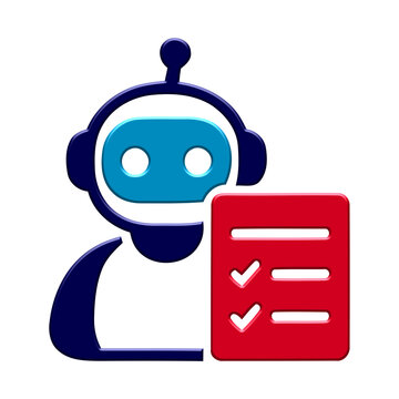 3D AI robot character icon with a red checklist document and checkmarks representing artificial intelligence task management, automated audit, compliance survey, isolated on transparent background, PN