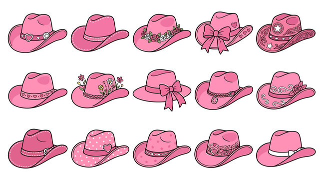 A decorative breast cancer awareness vector bundle featuring various pink cowboy hats adorned with flowers hearts and ribbons for charity event designs