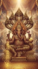 Fototapeta premium majestic ganesha with multiheaded naga serpent in golden temple